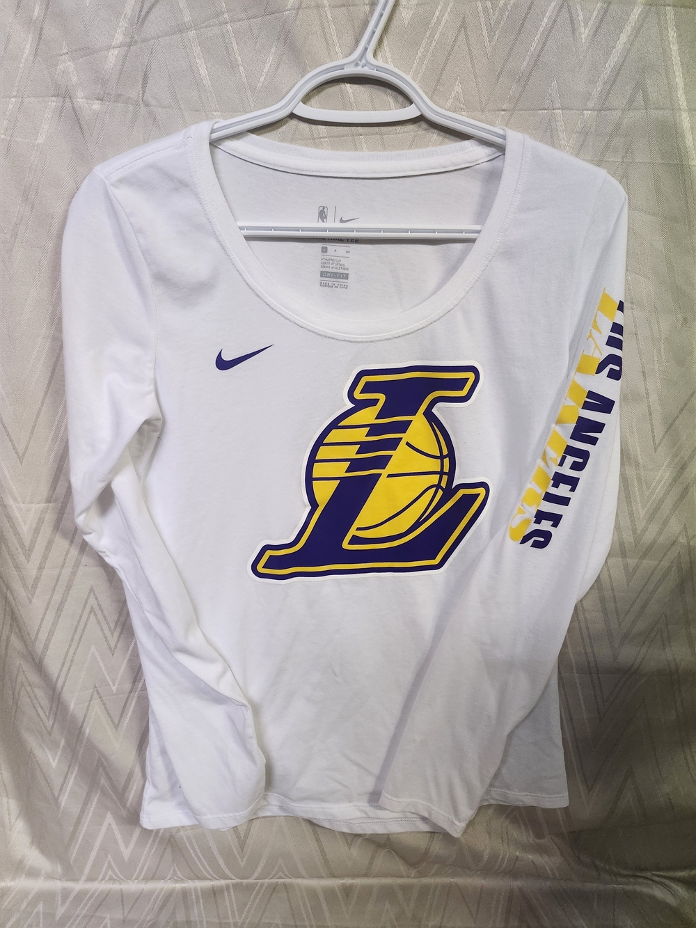 Nike White Los Angeles Lakers Long Sleeve Tee with Purple & Yellow Logo
